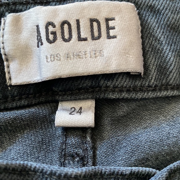 AGOLDE black distressed mid rise stretch straight leg jeans w/ raw cut out cuffs - Picture 6 of 16